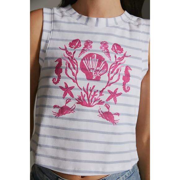 [Anthropologie] Maeve White Blue Striped Seashell Graphic Cropped Tank Top Sz XL - Picture 2 of 12